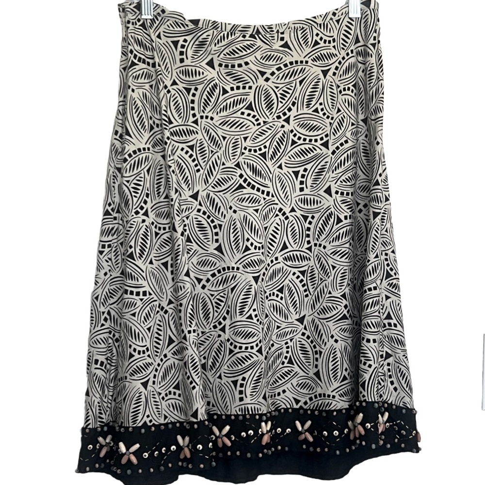 Hearts Of Palm Linen Rayon Black Brown Beaded A-Line Skirt Women size 10
